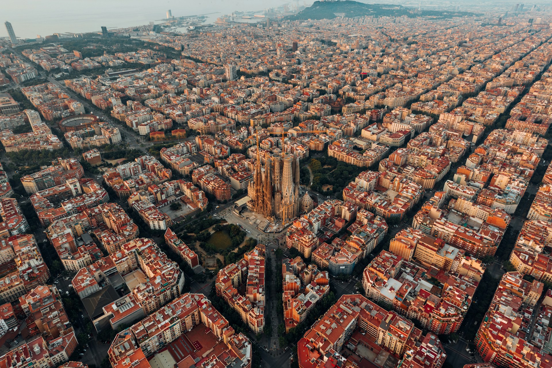Aerial view of Barcelona's rooftops and city grid